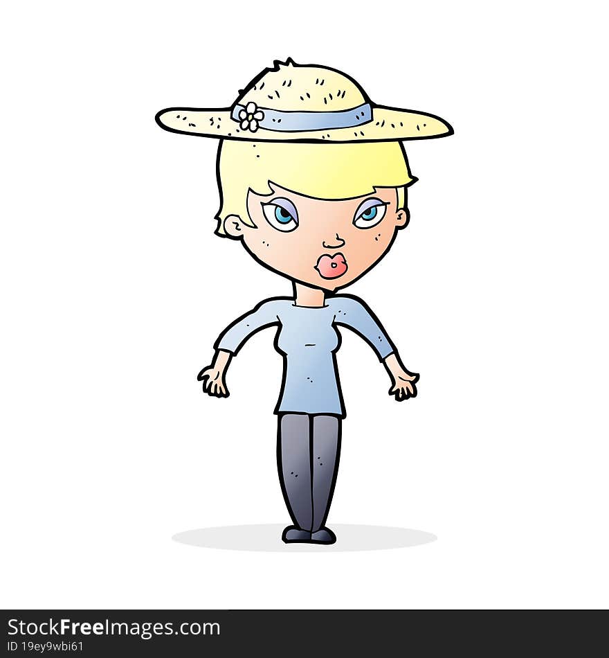 cartoon woman wearing summer hat. cartoon woman wearing summer hat