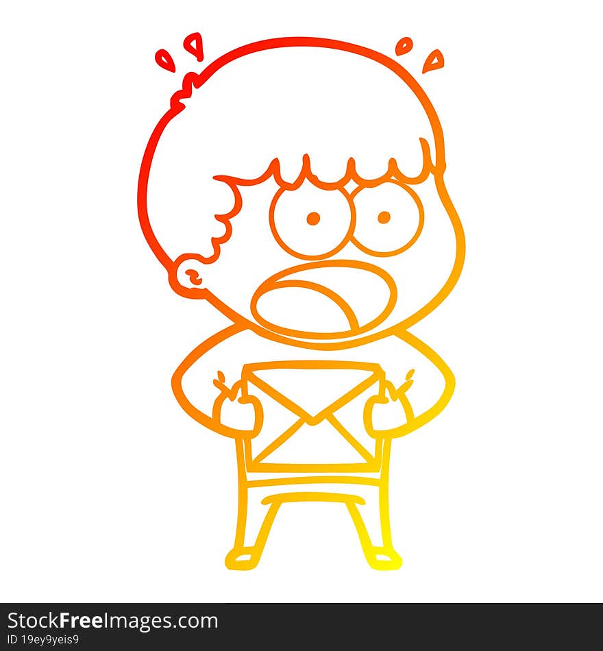 warm gradient line drawing of a cartoon shocked man holding envelope