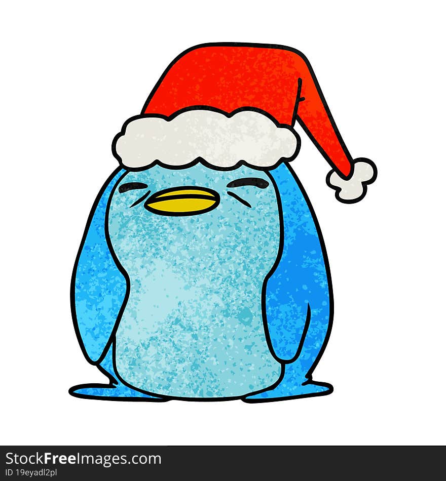 hand drawn christmas textured cartoon of kawaii penguin