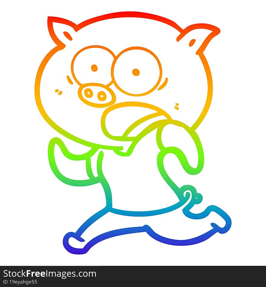 rainbow gradient line drawing cartoon pig running away