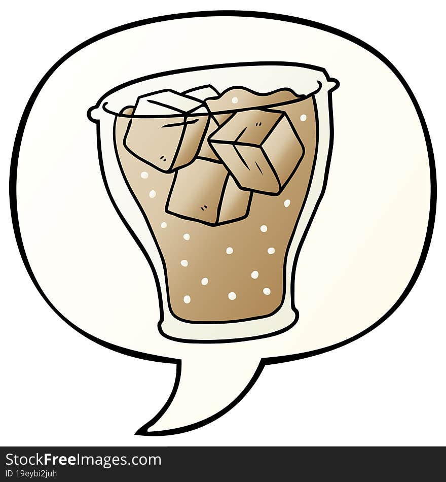 cartoon glass of cola and ice and speech bubble in smooth gradient style