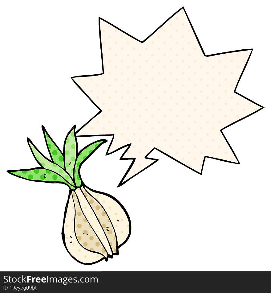 cartoon onion with speech bubble in comic book style