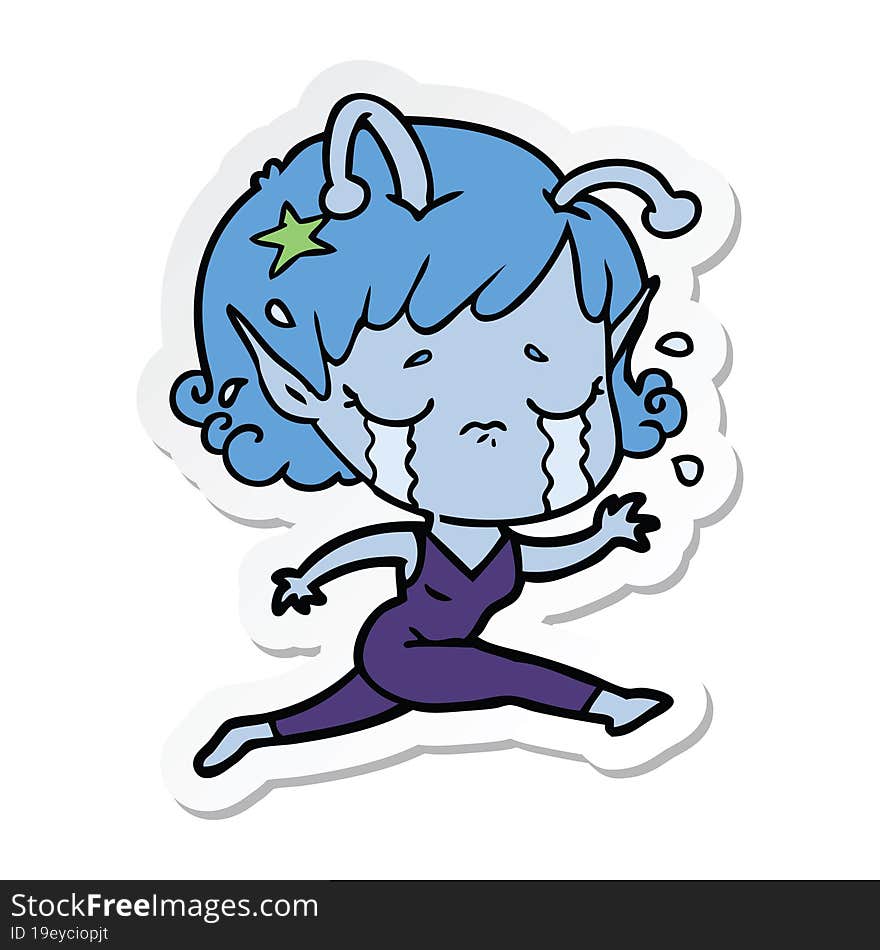 sticker of a cartoon crying alien girl