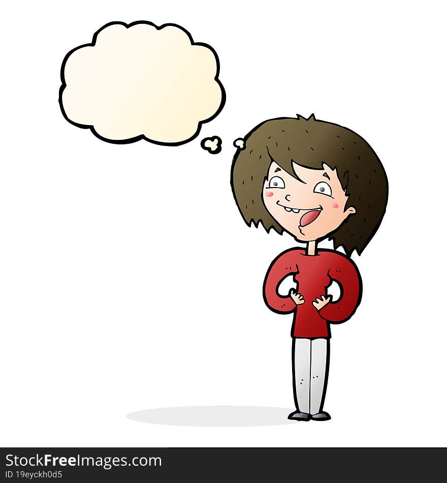 cartoon excited woman with thought bubble