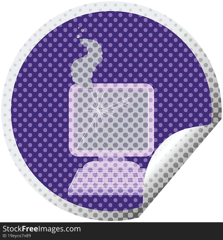 broken computer graphic vector illustration circular sticker. broken computer graphic vector illustration circular sticker