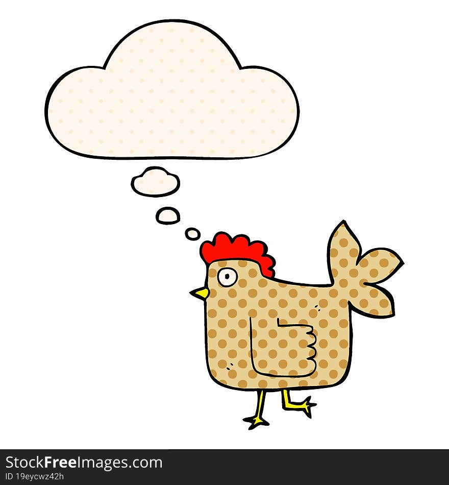 cartoon chicken with thought bubble in comic book style