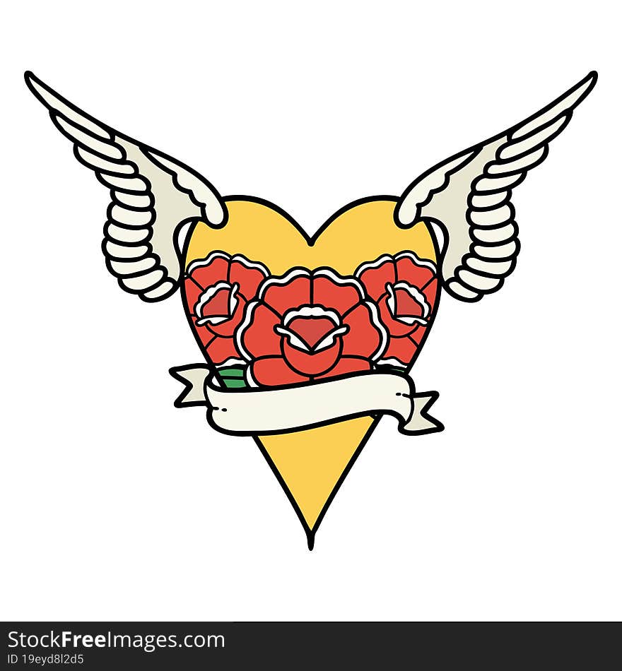 Traditional Tattoo Of A Flying Heart With Flowers And Banner