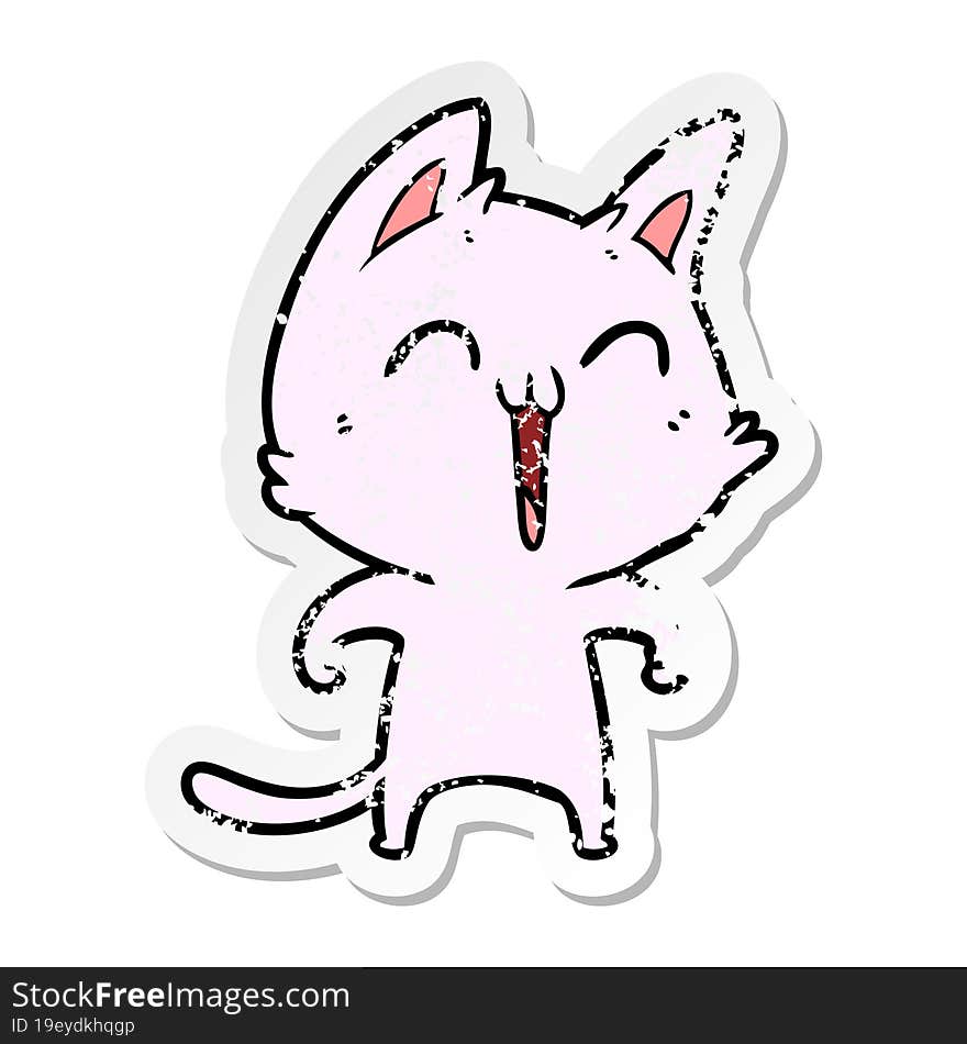 distressed sticker of a happy cartoon cat meowing