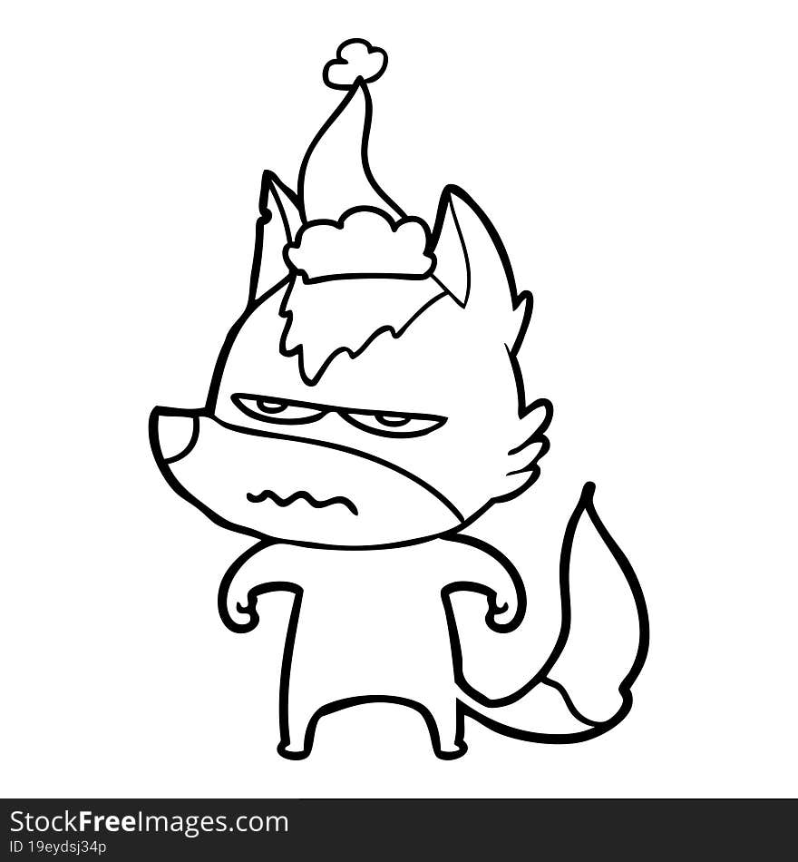 line drawing of a annoyed wolf wearing santa hat