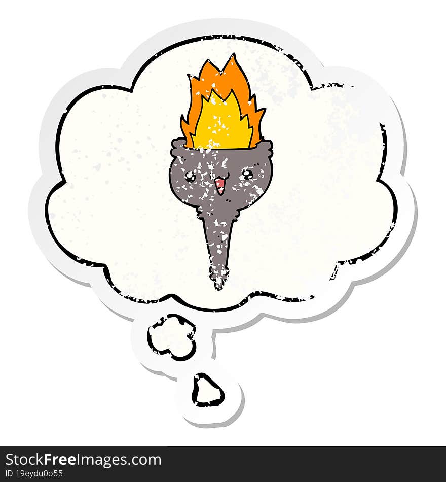 cartoon flaming chalice and thought bubble as a distressed worn sticker