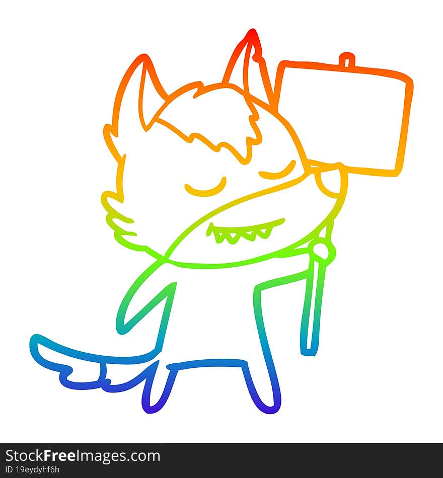 rainbow gradient line drawing friendly cartoon wolf with blank sign