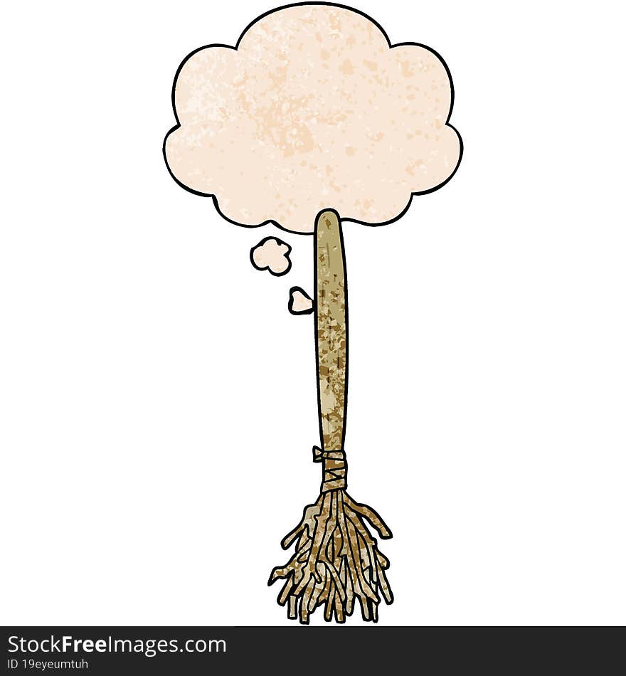 cartoon magic broom with thought bubble in grunge texture style. cartoon magic broom with thought bubble in grunge texture style