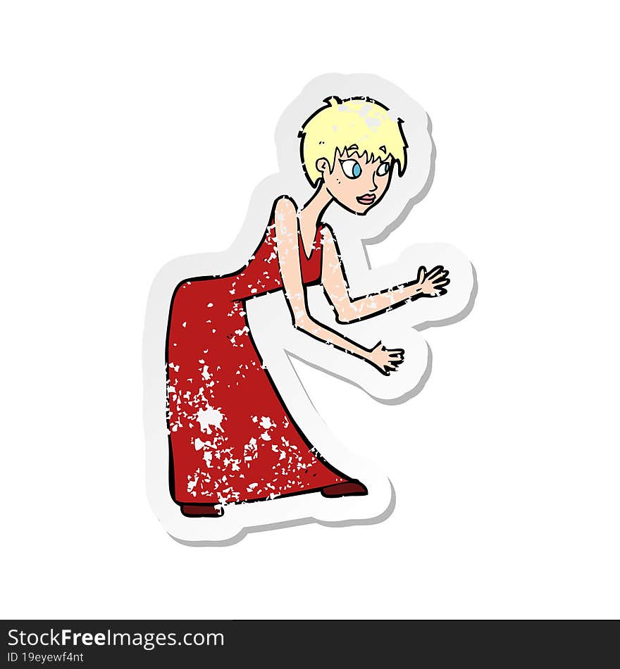 retro distressed sticker of a cartoon woman in dress gesturing