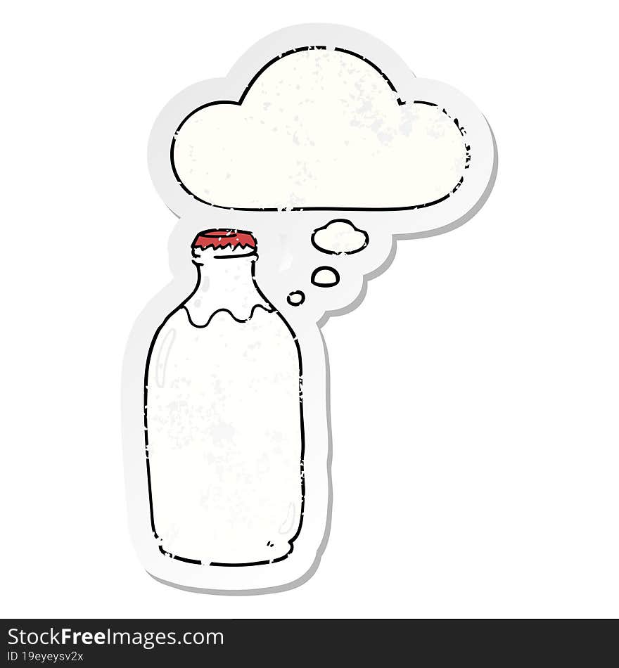 cartoon milk bottle and thought bubble as a distressed worn sticker