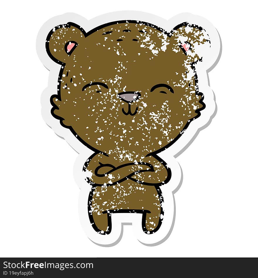 distressed sticker of a happy confident cartoon bear