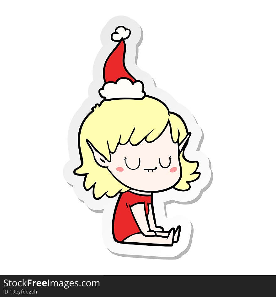 happy hand drawn sticker cartoon of a elf girl wearing santa hat. happy hand drawn sticker cartoon of a elf girl wearing santa hat