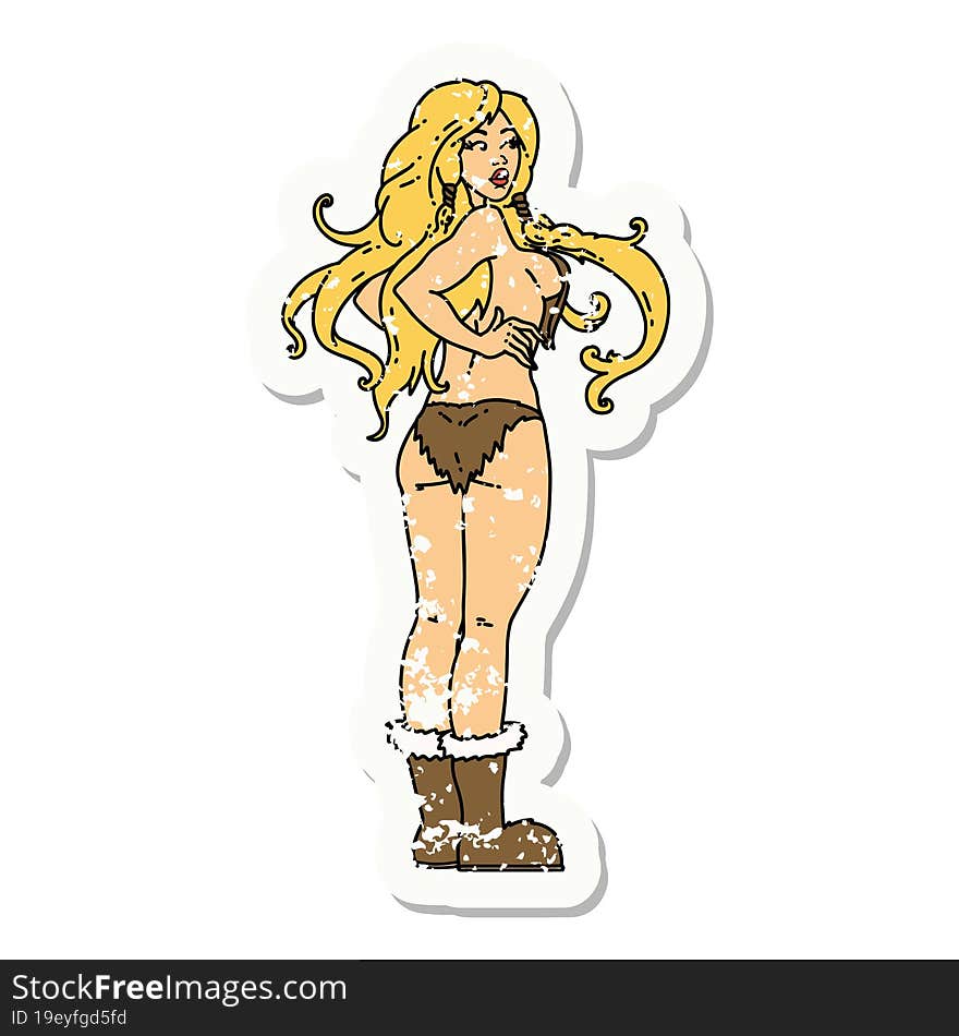 Distressed Sticker Tattoo Of A Pinup Viking Girl