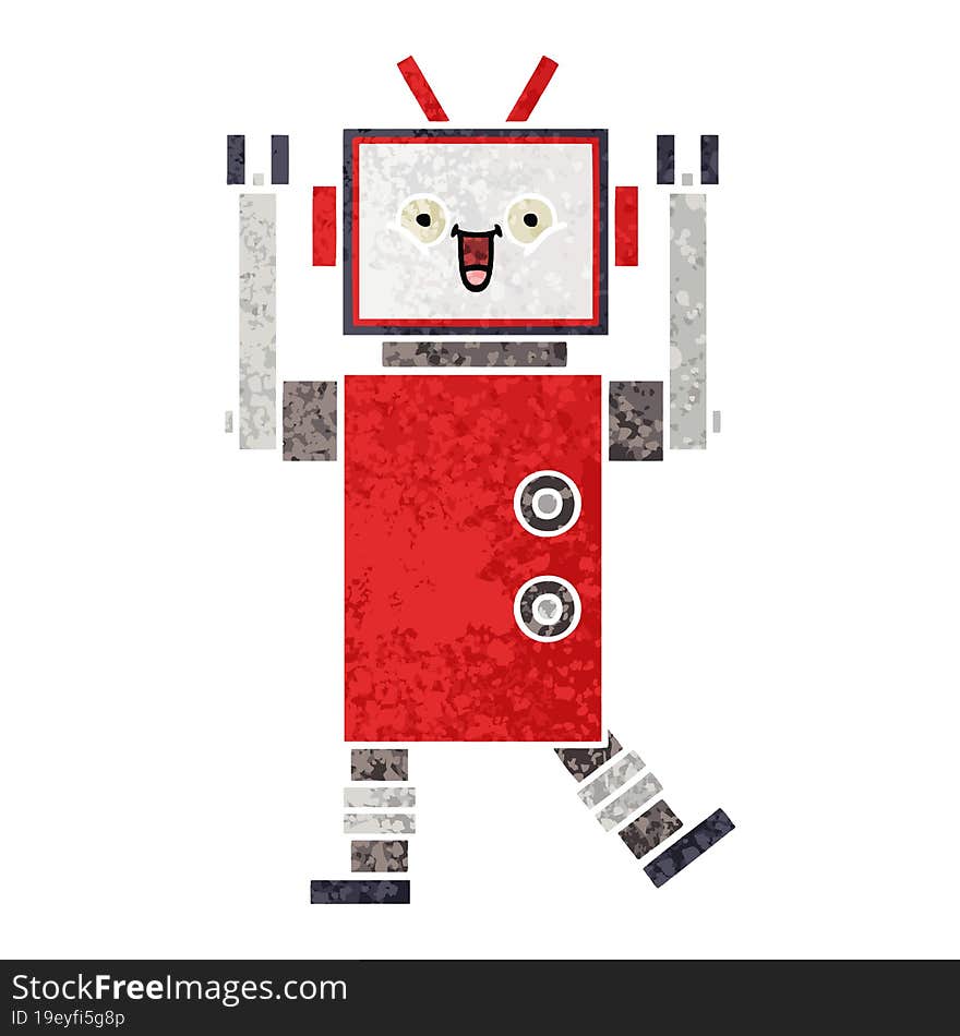 retro illustration style cartoon of a happy robot