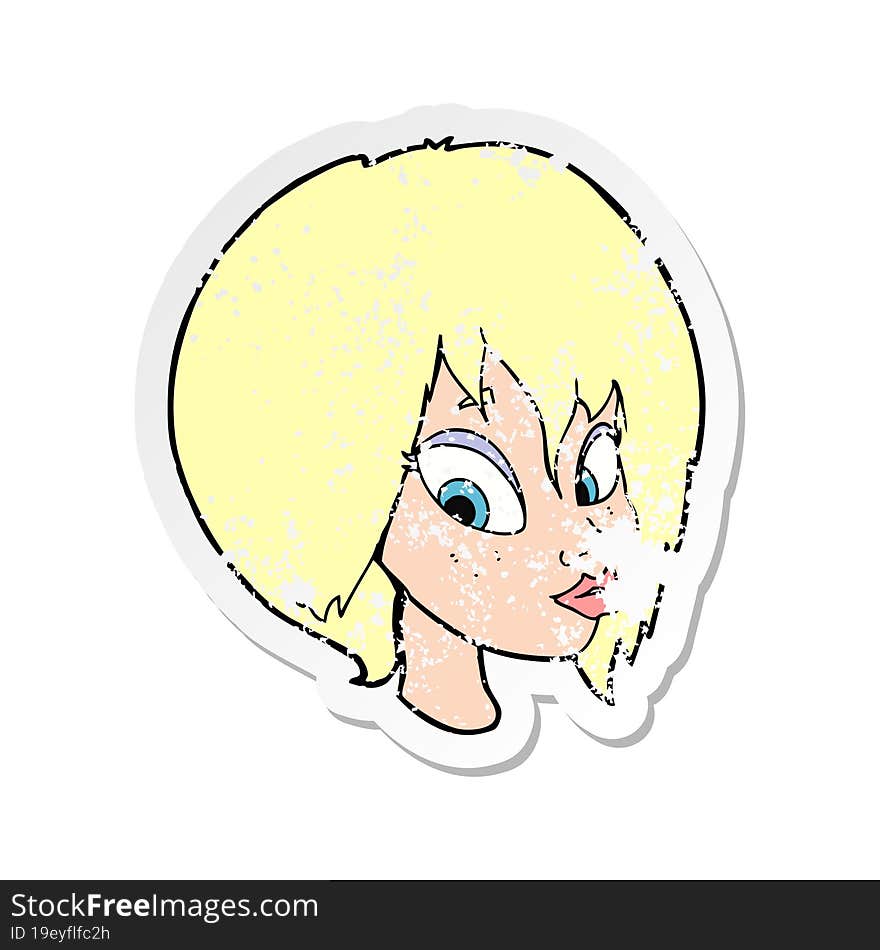 retro distressed sticker of a cartoon pretty female face pouting