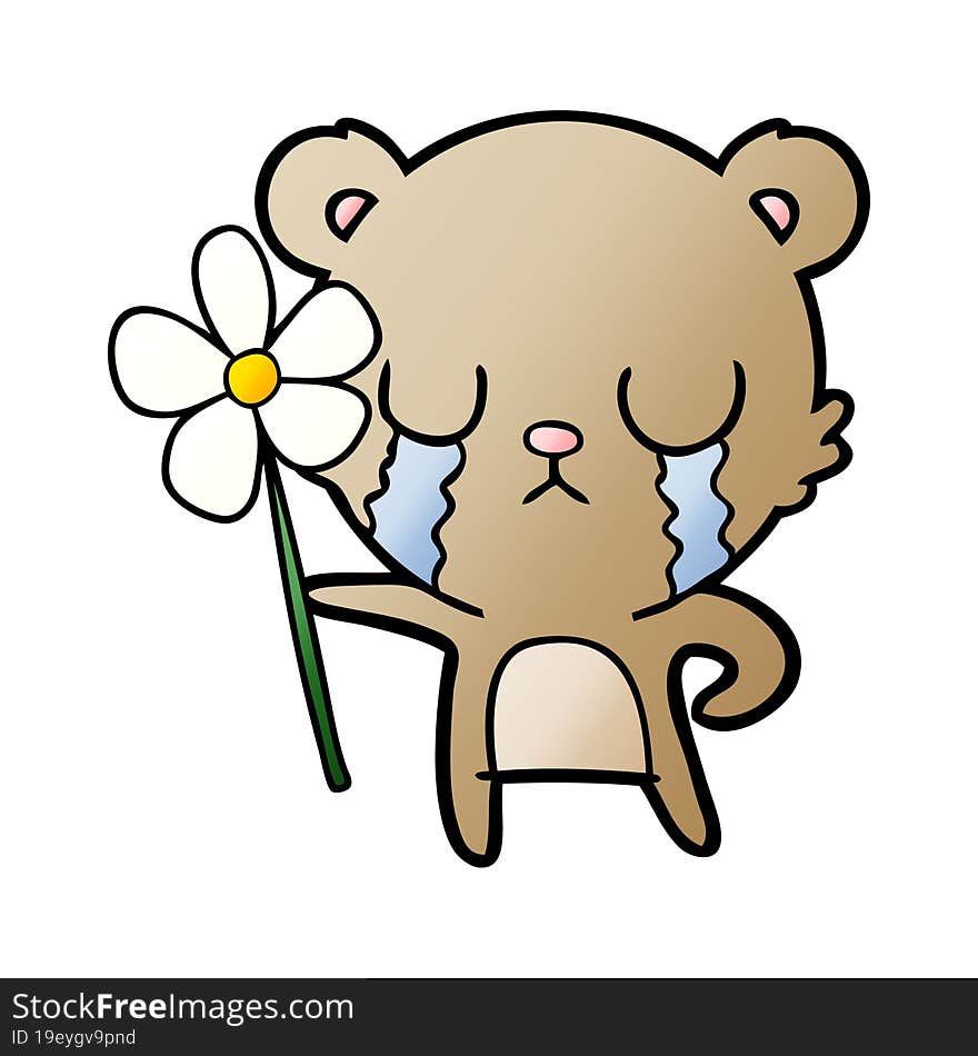 crying cartoon bear with flower. crying cartoon bear with flower