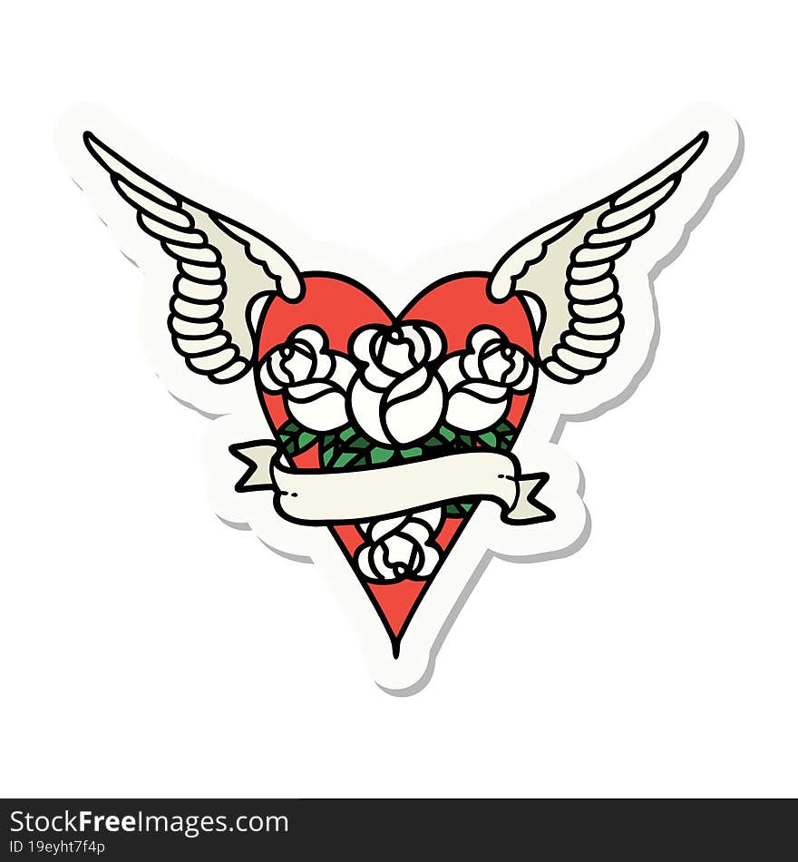 sticker of tattoo in traditional style of a flying heart with flowers and banner. sticker of tattoo in traditional style of a flying heart with flowers and banner