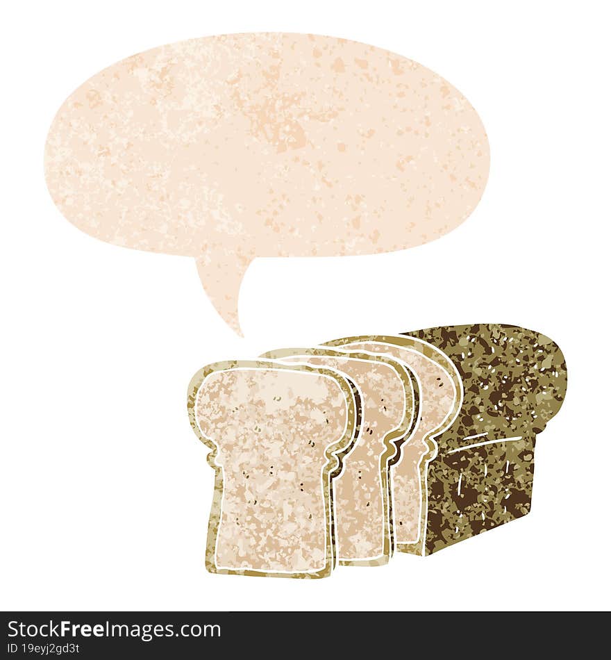 cartoon sliced bread with speech bubble in grunge distressed retro textured style. cartoon sliced bread with speech bubble in grunge distressed retro textured style