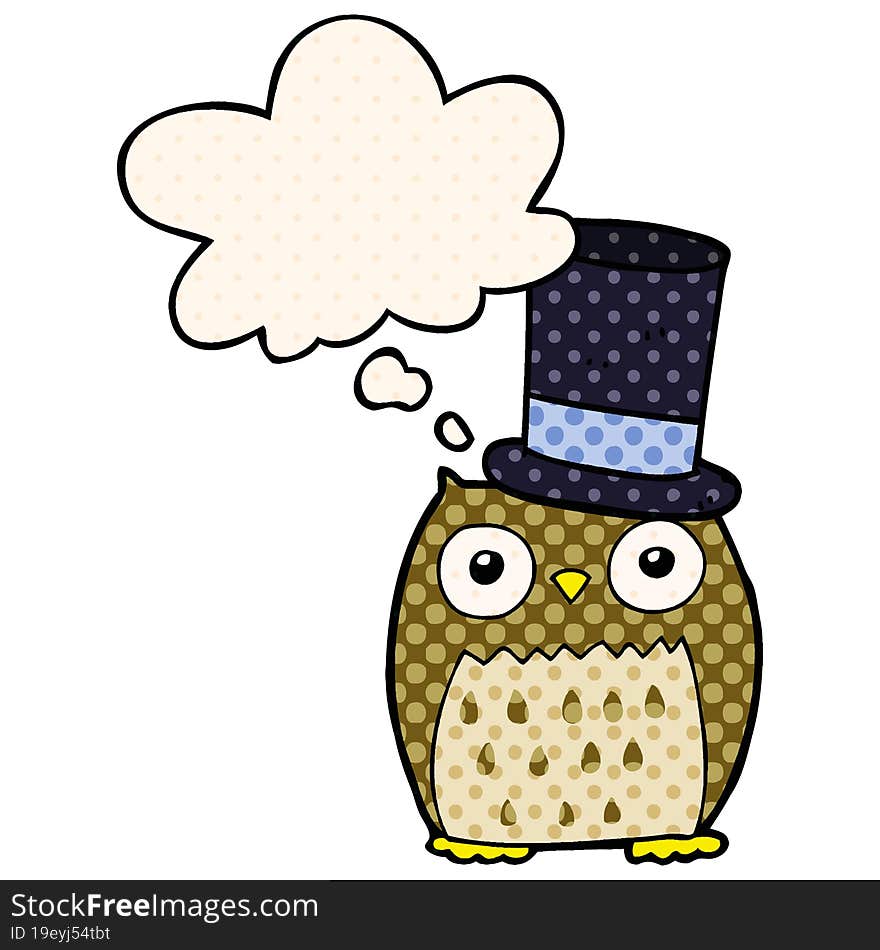 cartoon owl wearing top hat with thought bubble in comic book style