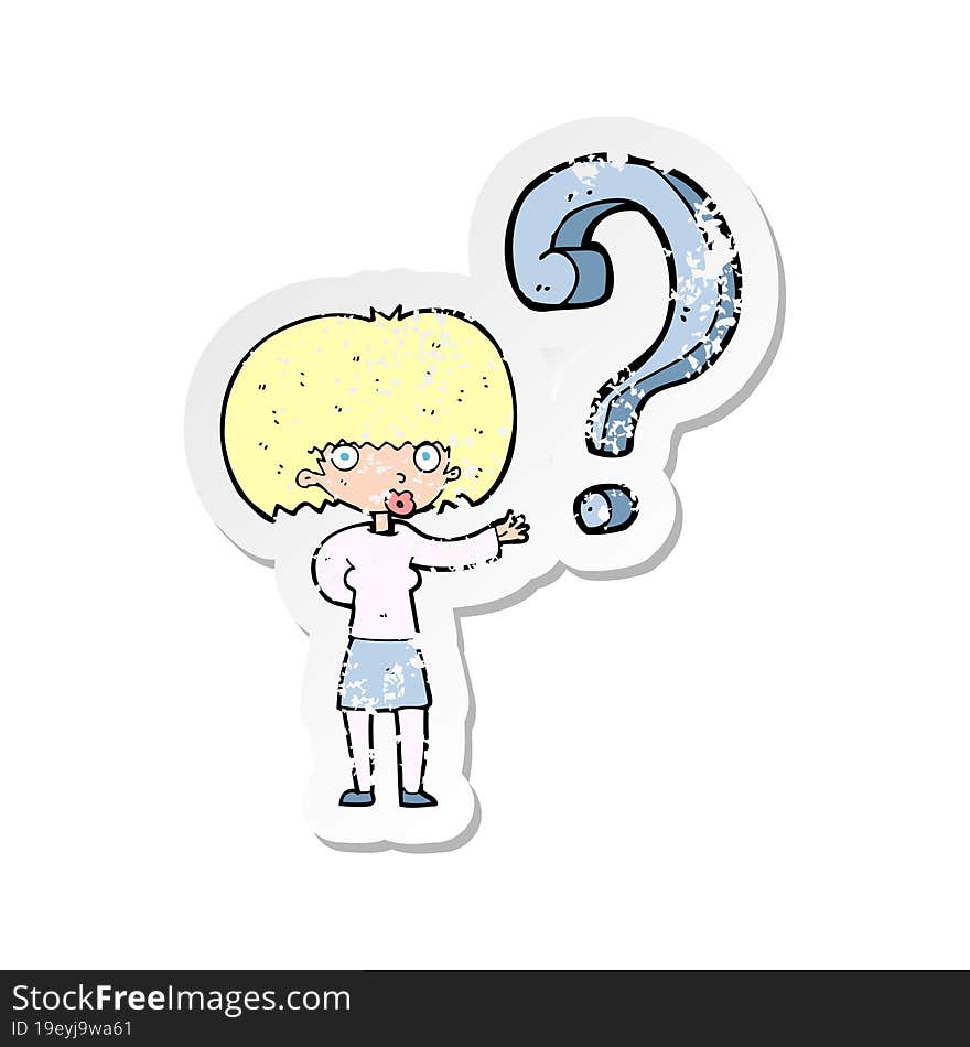 Retro Distressed Sticker Of A Cartoon Woman With Question