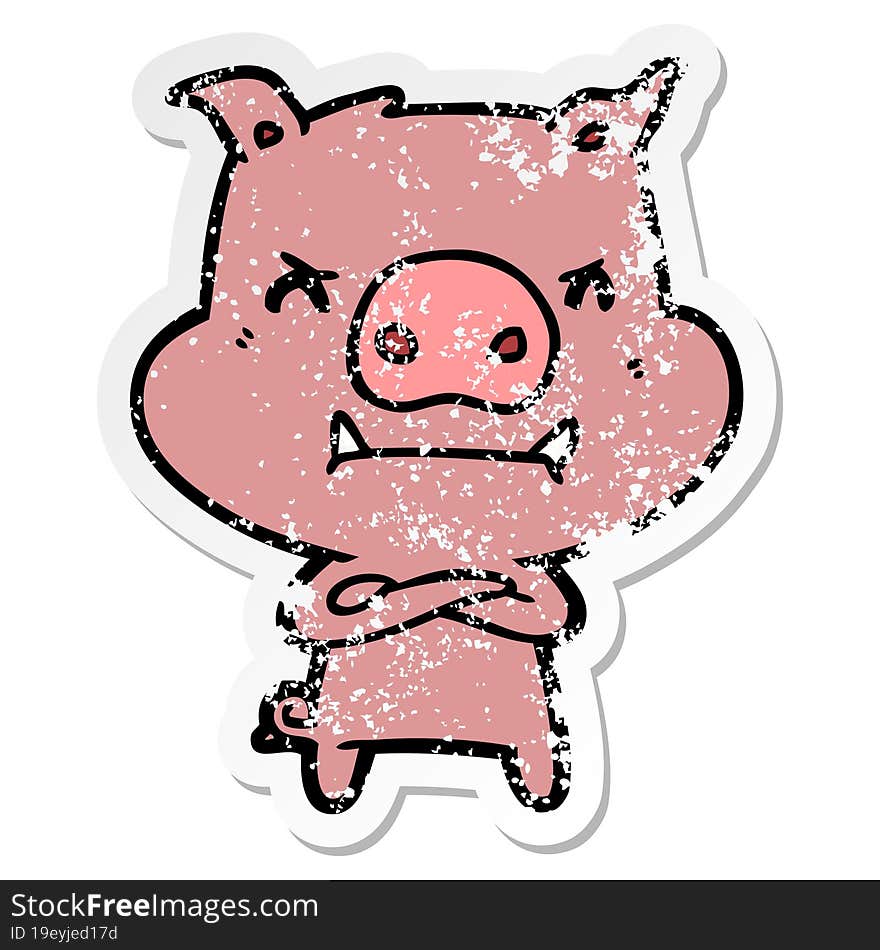 Distressed Sticker Of A Angry Cartoon Pig