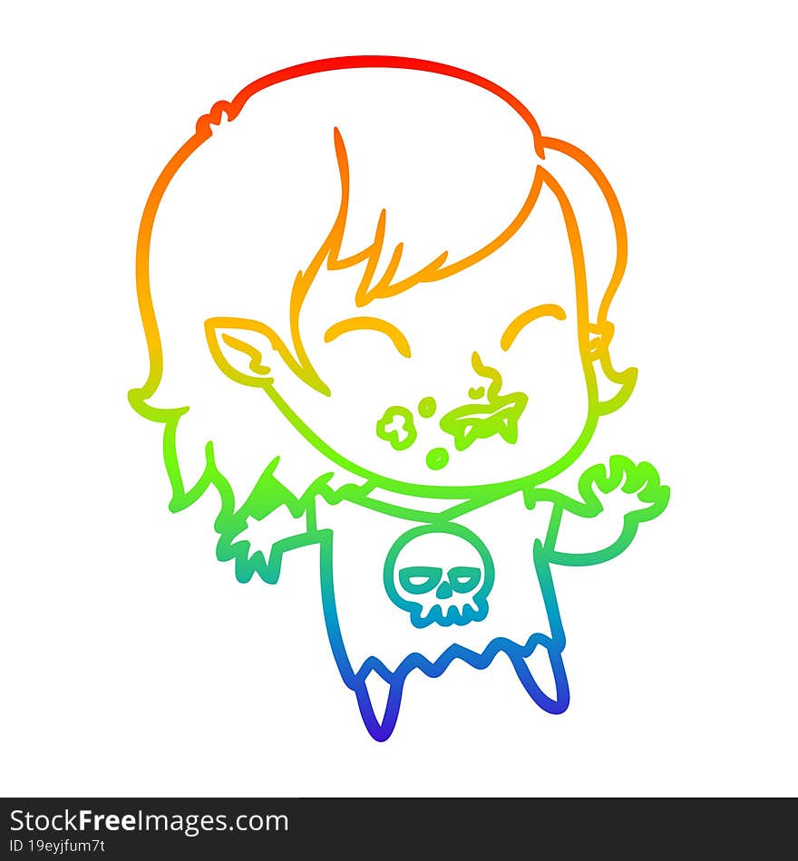 Rainbow Gradient Line Drawing Cartoon Vampire Girl With Blood On Cheek