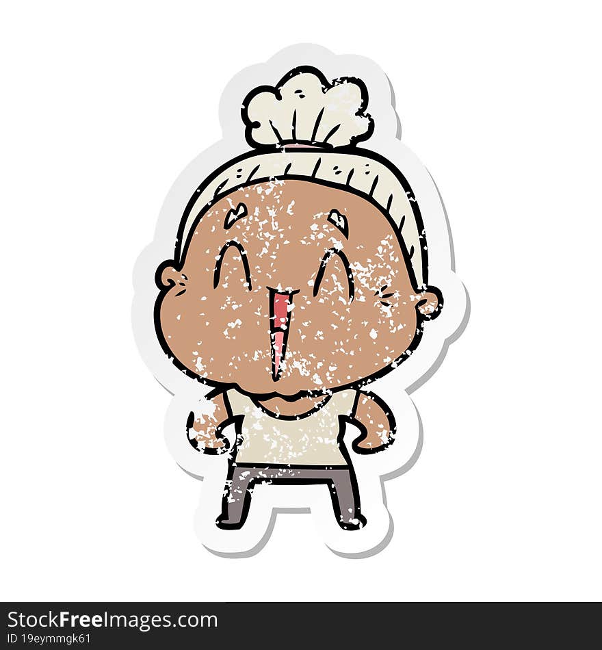 distressed sticker of a cartoon happy old lady