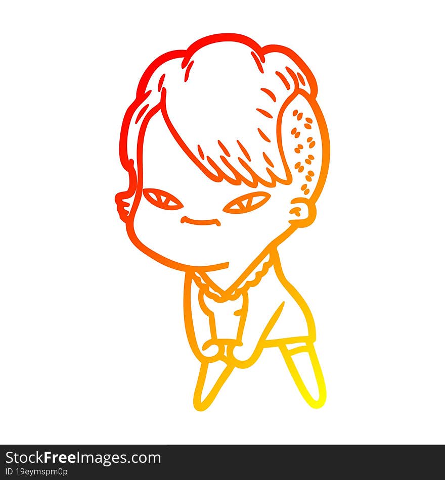 Warm Gradient Line Drawing Cute Cartoon Girl With Hipster Haircut