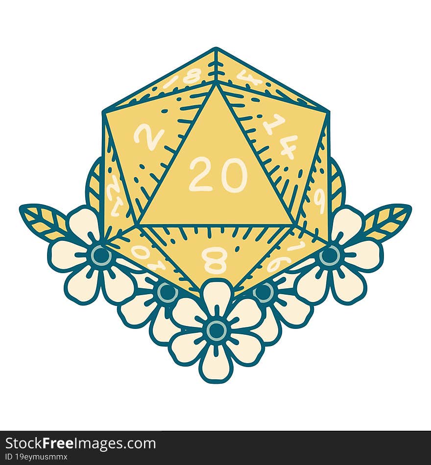 Natural 20 D20 Dice Roll With Floral Elements Illustration