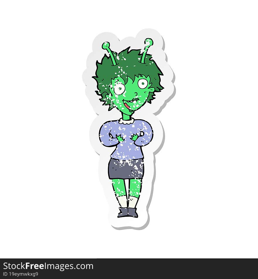 retro distressed sticker of a cartoon alien woman