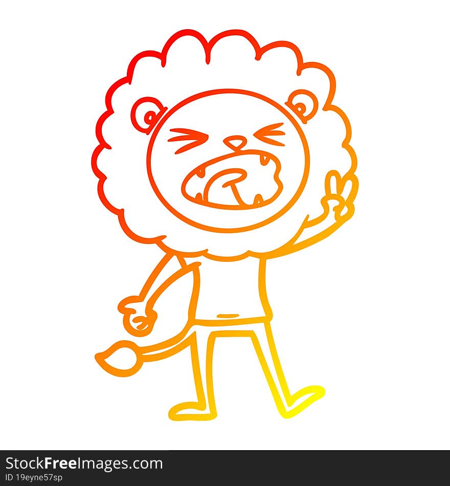 warm gradient line drawing of a cartoon lion giving peac sign