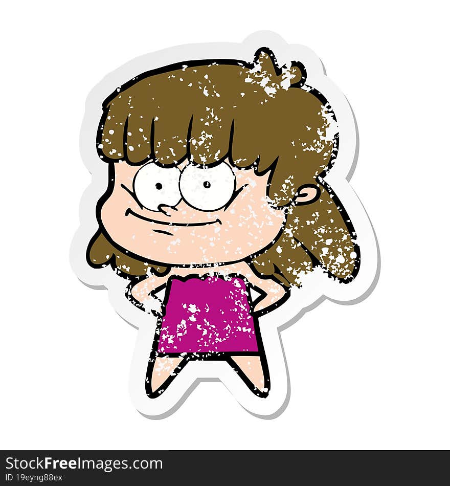 distressed sticker of a cartoon smiling woman