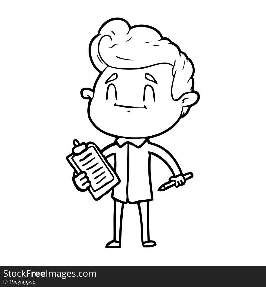 happy cartoon man with pen and clipboard. happy cartoon man with pen and clipboard