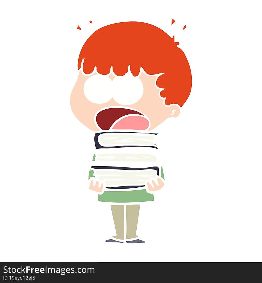 flat color style cartoon shocked boy with stack of books