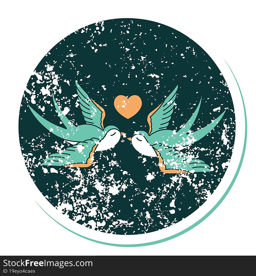 iconic distressed sticker tattoo style image of swallows and a heart. iconic distressed sticker tattoo style image of swallows and a heart