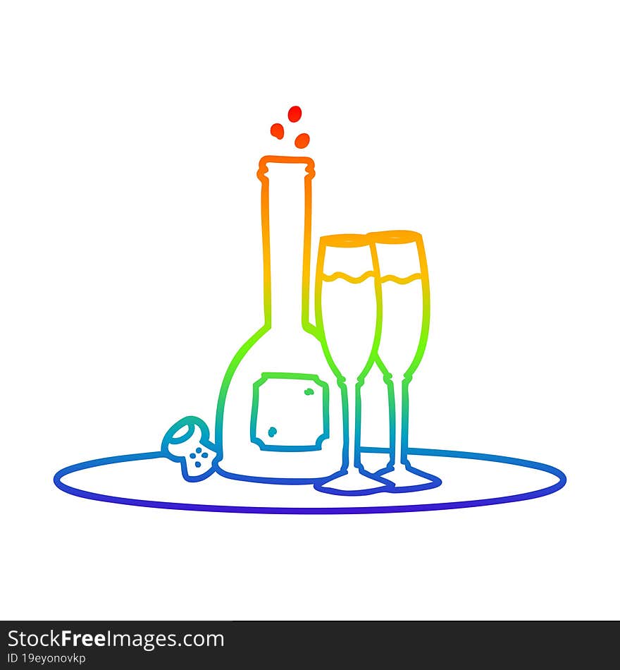 rainbow gradient line drawing of a cartoon champagne on tray