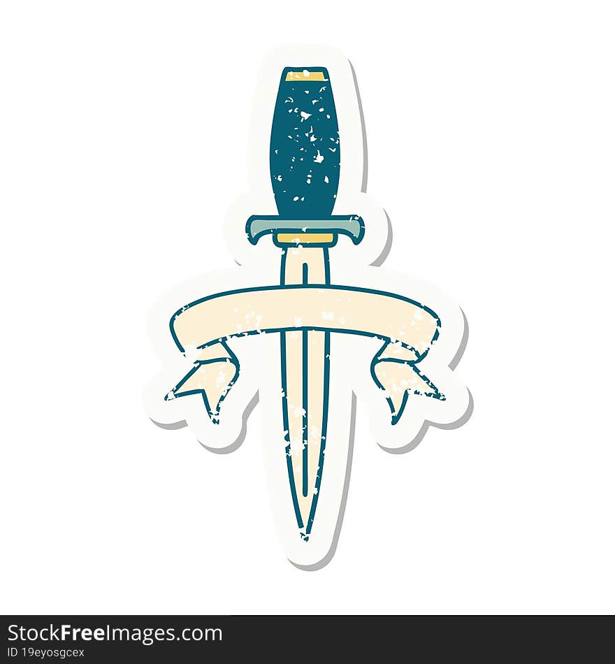 grunge sticker with banner of a dagger