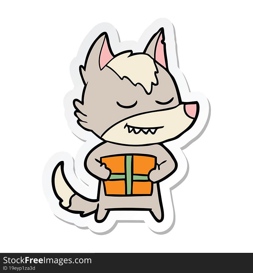 sticker of a friendly cartoon wolf carrying christmas present