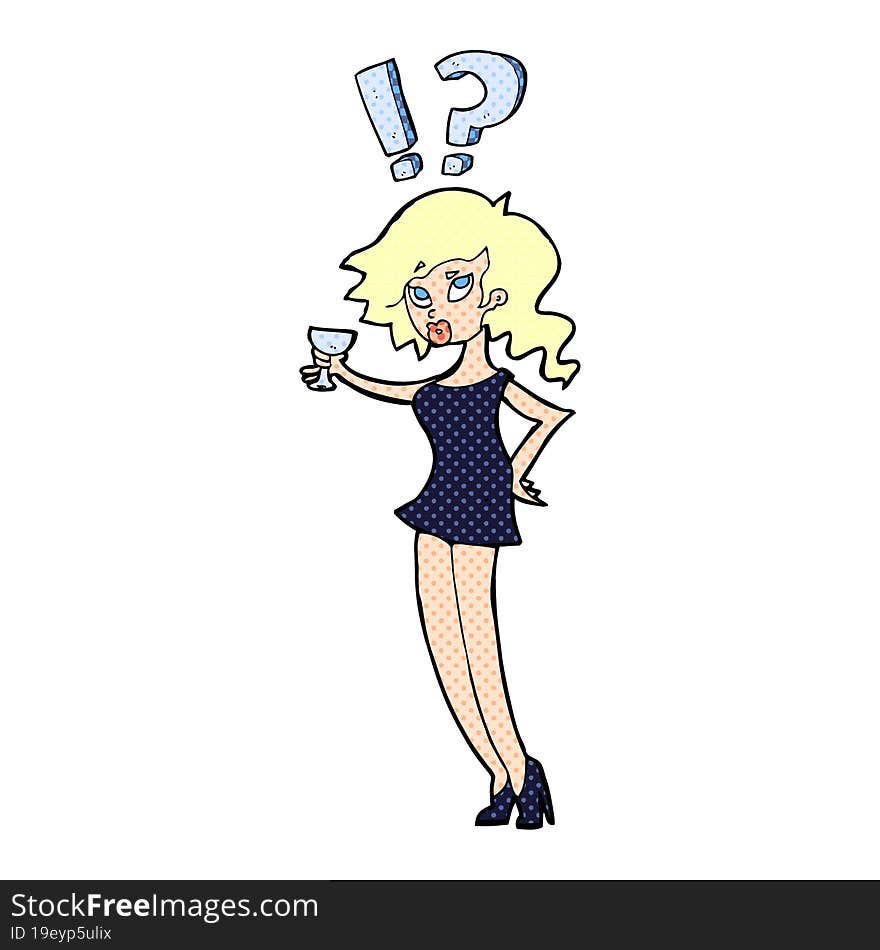 cartoon confused woman with drink