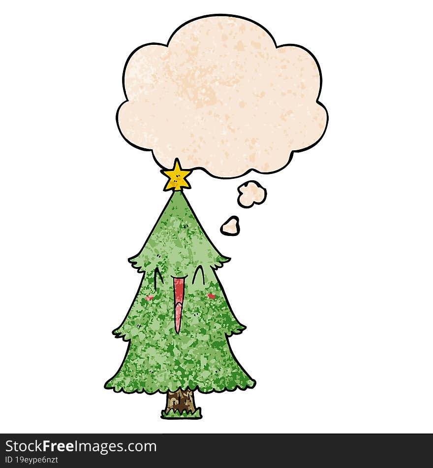 cartoon christmas tree with thought bubble in grunge texture style. cartoon christmas tree with thought bubble in grunge texture style