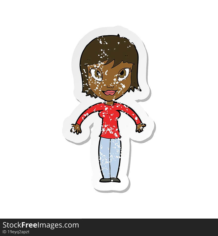 retro distressed sticker of a cartoon woman shrugging shoulders