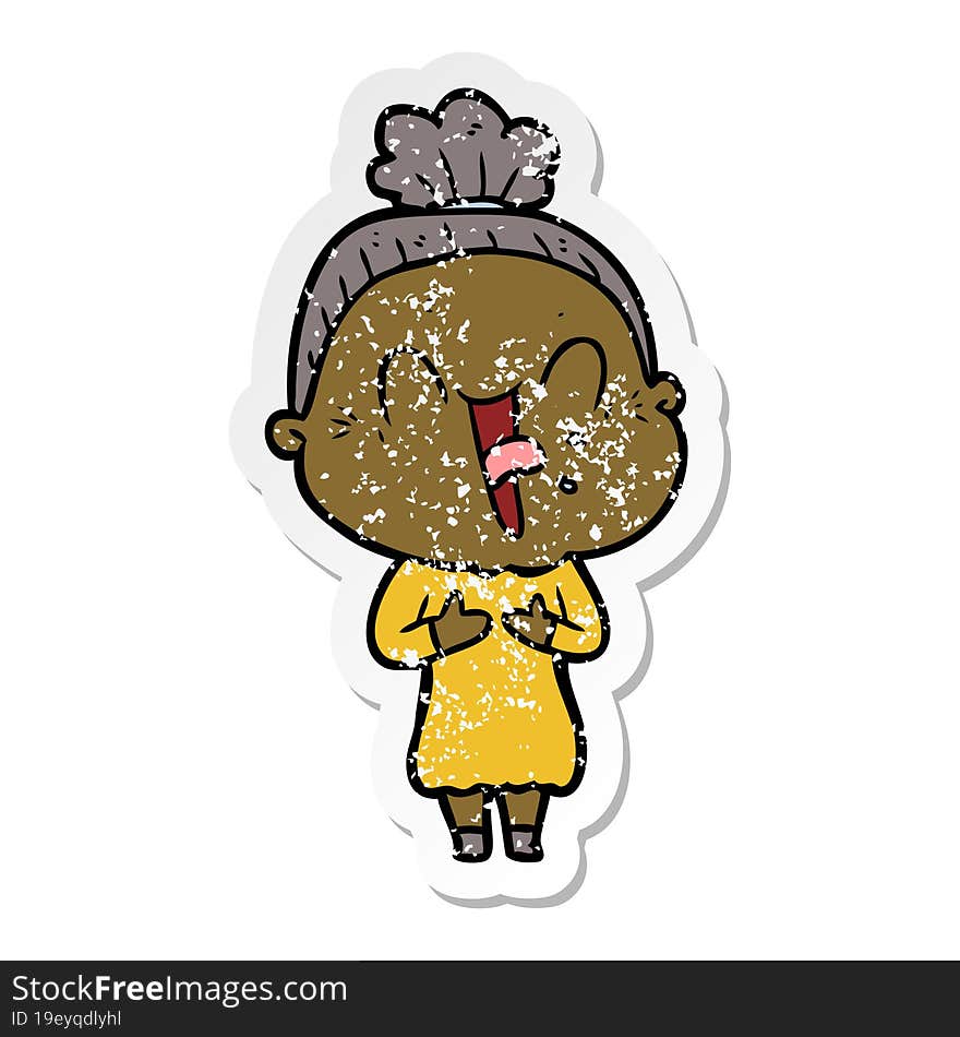 distressed sticker of a cartoon happy old woman