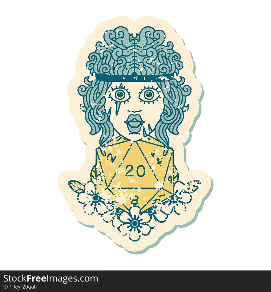 grunge sticker of a human barbarian with natural twenty dice roll. grunge sticker of a human barbarian with natural twenty dice roll