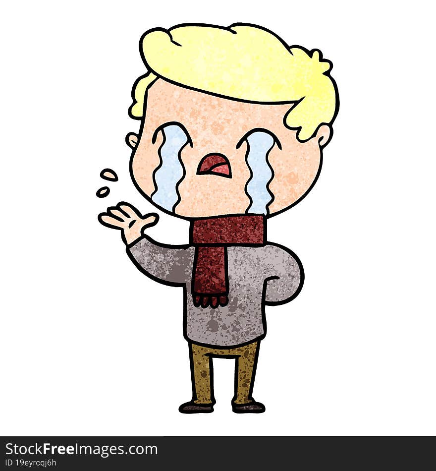 cartoon man crying wearing winter scarf. cartoon man crying wearing winter scarf