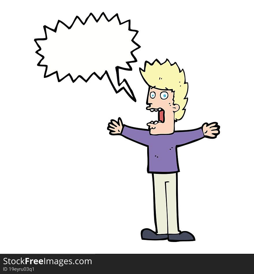 cartoon terrified man with speech bubble