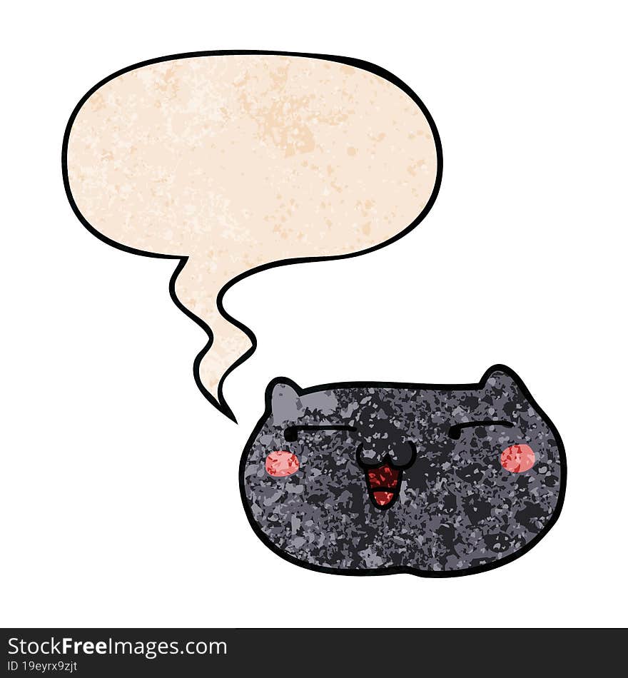 cartoon cat face with speech bubble in retro texture style